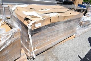 Packaged Lancaster Table & Seating 72" round granite white plastic bi-folding tables with sage gray legs, new with scratch and dent.