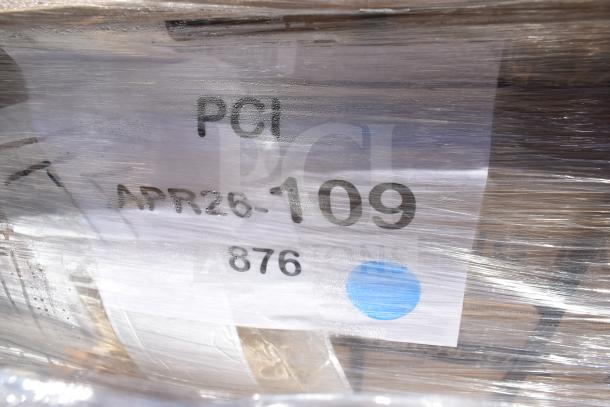 4 new scratch and dent Lancaster Table & Seating 72" bi-fold tables with sage gray legs, APR26-109 label visible.