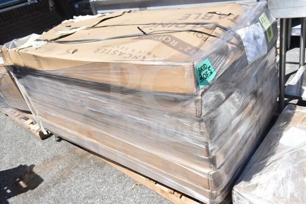 Four new Lancaster 72" round granite white plastic bi-folding tables with sage gray legs, boxed and wrapped, marked "Skid 3 of 5."