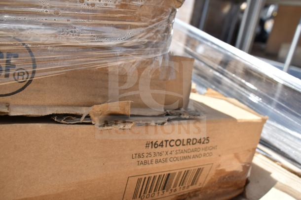 Cardboard boxes with item number #164TCOLRD425, labeled "25 3/16" x 4" Standard Height Table Base Column and Rod," wrapped in plastic.