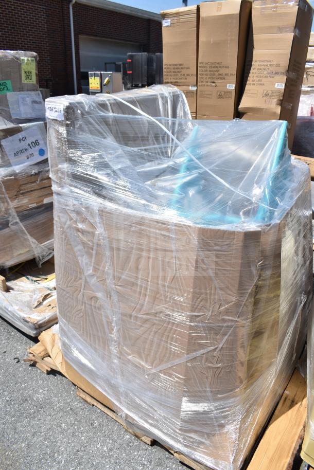 Pallet of 5 new items, labeled "APR26-106," wrapped in plastic. Box markings indicate scratch and dent condition.