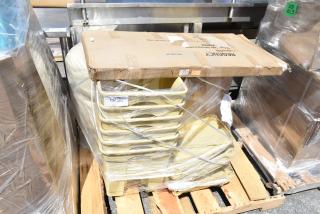 7 brand new scratch and dent items on pallets, including beige bins and cardboard boxes, sealed with wrap.