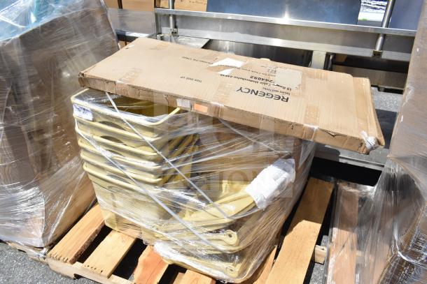 Stack of beige bins and cardboard box, wrapped in plastic on a wooden pallet. Items are labeled "REGENCY."