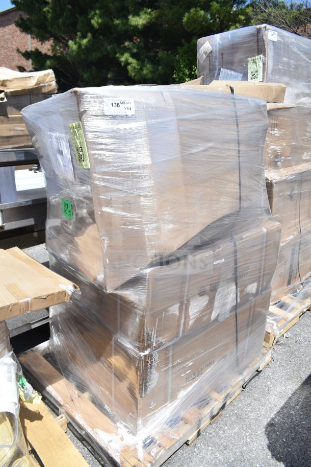 Wrapped pallet containing three cardboard boxes labeled "Scratch and Dent," imperfections visible, auction item APR26-118.