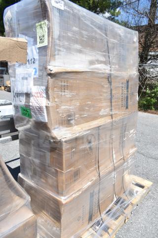 Shrink-wrapped pallet of four Lancaster Table & Seating Axel outdoor barstools. Boxes labeled "Outdoor Barstool." Tags visible.