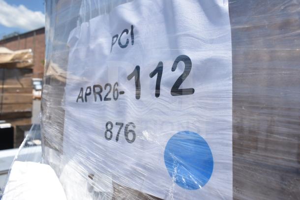 4 brand new Lancaster Table & Seating Axel outdoor barstools, black powder-coated frame, gray faux teak slat seat. Scratch and dent condition. Tag indicates "APR26-112".