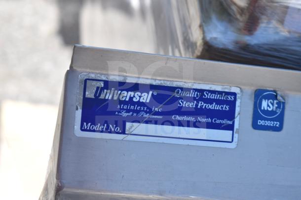 Universal Cutting Table Frame, stainless steel, Model No. blank, by Universal Stainless, Inc., NSF certified, Charlotte, NC label.