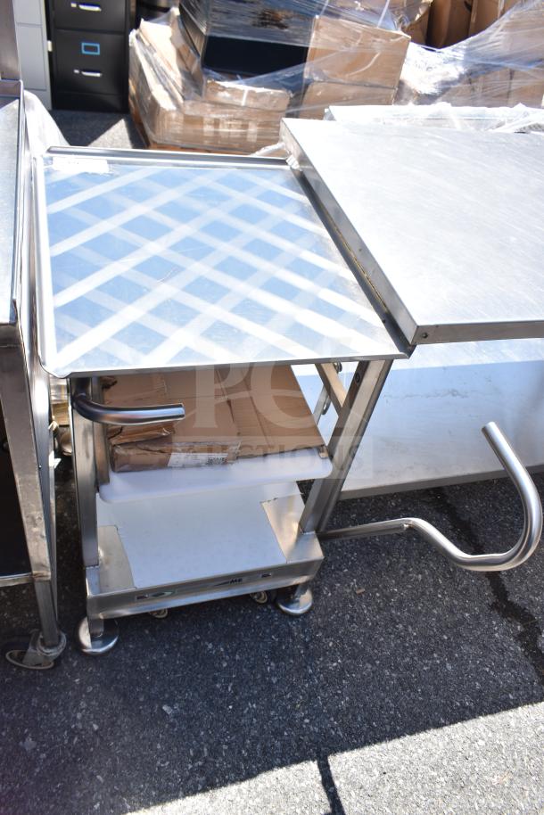 Face to Face Commercial Meat Slicer Equipment Stand, stainless steel, dual shelves, casters for mobility, excellent condition.