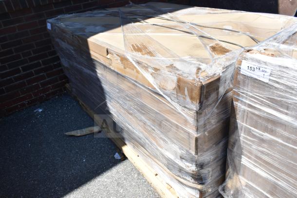 Pallet of 7 new bi-fold tables wrapped in plastic, showing minor scratches and dents. Label reads "153 3/8 QTY".