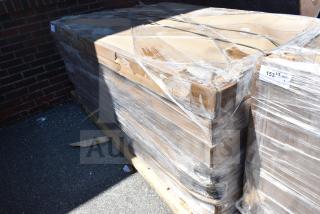 Pallet of 7 new bi-fold tables wrapped in plastic, showing minor scratches and dents. Label reads "153 3/8 QTY".