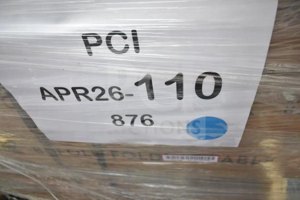7 Brand New Scratch and Dent Bi-Fold Folding Tables, wrapped. Label reads "PCI APR26-110 876."