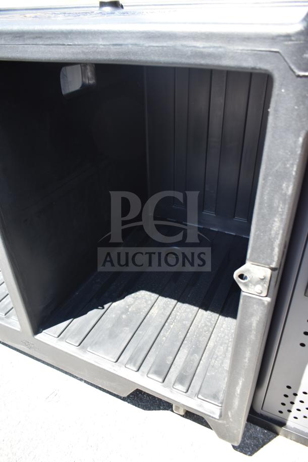 Brand new Cambro CVC55110 Camcruiser vending cart, black, customizable with umbrella, 1 counter well, 2 storage compartments.