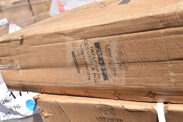 Brown boxes labeled "Lancaster TABLE BASE COLUMN & ROD 164TCOLROD25" and "TABLE BASE PLATE 164TB2222." New condition.