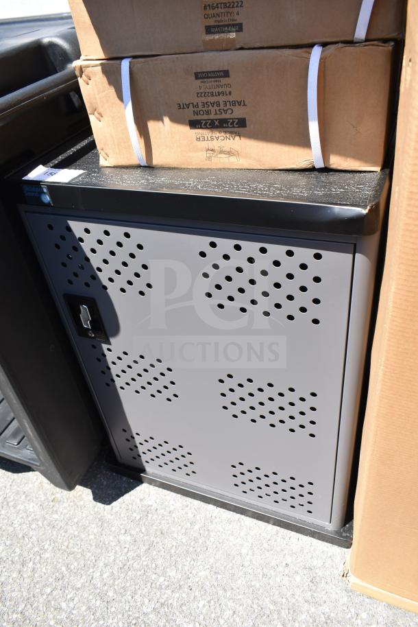 BRAND NEW Oklahoma Sound DCC Duet Charging Cart in black and charcoal, scratch and dent condition, ventilated door, secure.