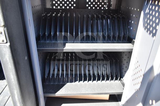 BRAND NEW SCRATCH AND DENT Oklahoma Sound DCC Duet Charging Cart in black and charcoal, features shelves for devices.