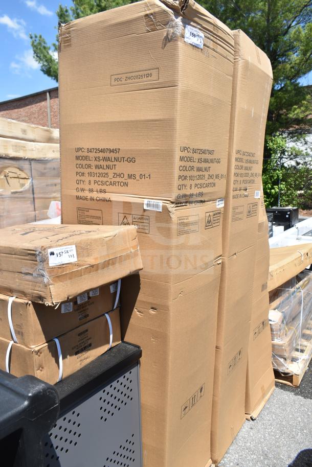 Brand new Flash Furniture XS-WALNUT-GG Hercules Walnut Chiavari stacking chairs, 3 boxes, 8 per box, some damage visible.