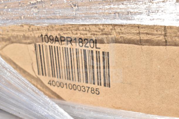 Cardboard box with barcode "400010003785" and label "109APR1820L", wrapped in plastic film, showing scratches and dents.