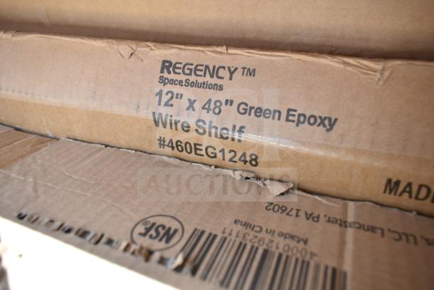 Regency 12"x48" Green Epoxy Wire Shelf, model #460EG1248, in original cardboard packaging with visible scratches and dents.