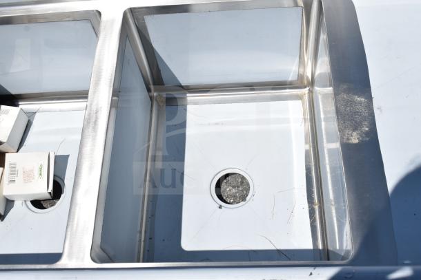 Brand new Regency 600S3182424R 3 bay sink with right drain board, stainless steel, scratch and dent condition.