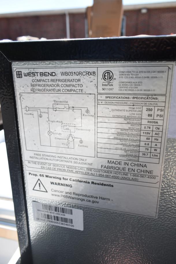 West Bend WB0310RCRXB cooler label showing specifications, made in China, 115V, 60Hz, R600A refrigerant.