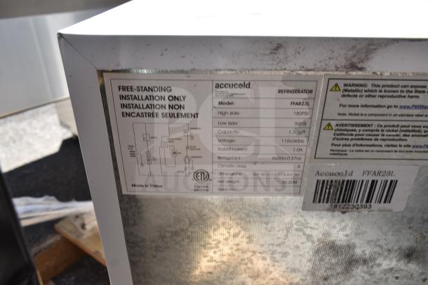 Two mini coolers: West Bend WB0310RCRXB and Accucold FFAR23L. Features: 120 volts, 1 phase. Visible model info and specs on label.