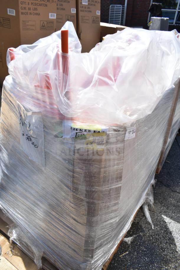 Plastic-wrapped pallet of 26 new Lancaster Table & Seating Rio Sunset Orange Resin Side Chairs. Some scratch and dent.