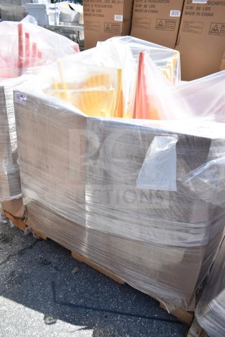 Pallet of 14 Lancaster Table & Seating Rio Sunshine Yellow Resin Side Chairs, new with scratch and dent marks, plastic wrapped.