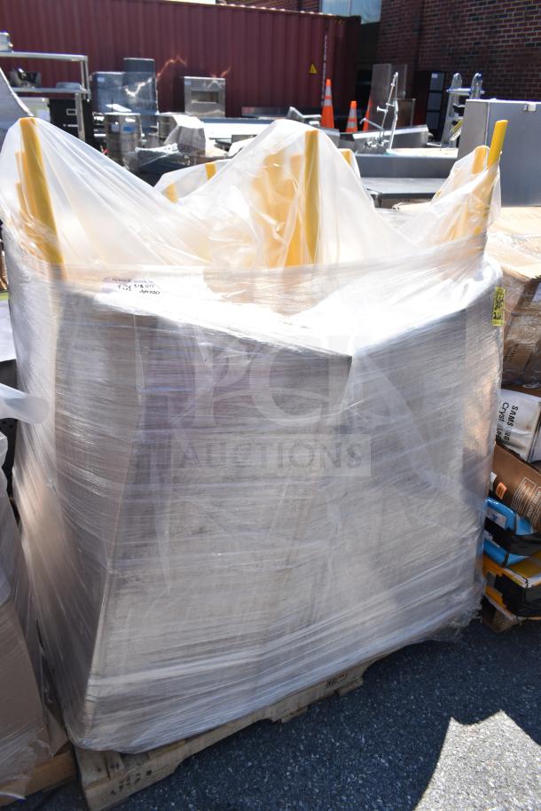 Stack of 20 Lancaster Table & Seating Rio Sunshine Yellow Resin Side Chairs, wrapped in plastic, tagged for auction.