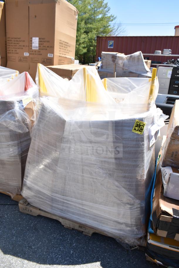 Stack of 20 new Lancaster Table & Seating Rio Sunshine Yellow resin chairs, shrink-wrapped on pallets, boxes labeled with model details.