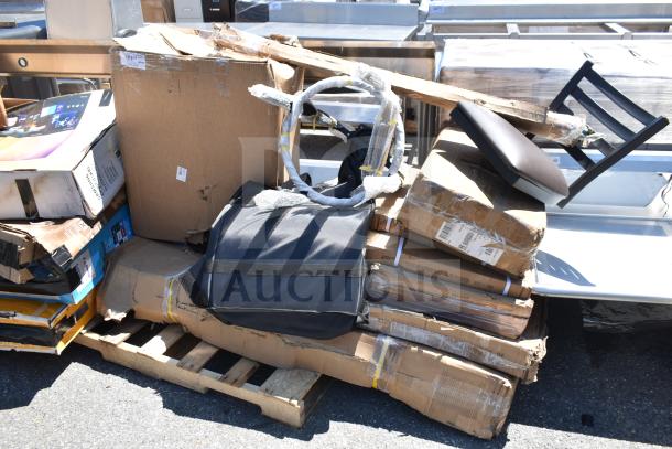 Stack of 10 new scratch and dent items including hood filters and table base, in original packaging on wooden pallet.