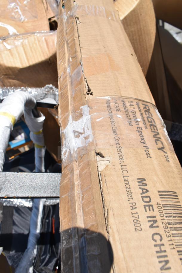 Cardboard packaging with visible scratches and dents, labeled "Regency" and "Made in China," showing shipping details.