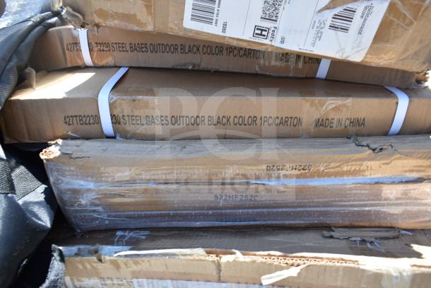 Boxes labeled "Steel Bases Outdoor Black Color, 1pc/Carton, Made in China," showing slight wear. Part of 10 item lot.