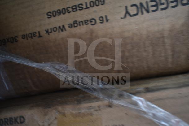 10 brand new scratch and dent items in boxes, featuring hood filters and table base. Markings show "16 Gauge Work Table 30x96."