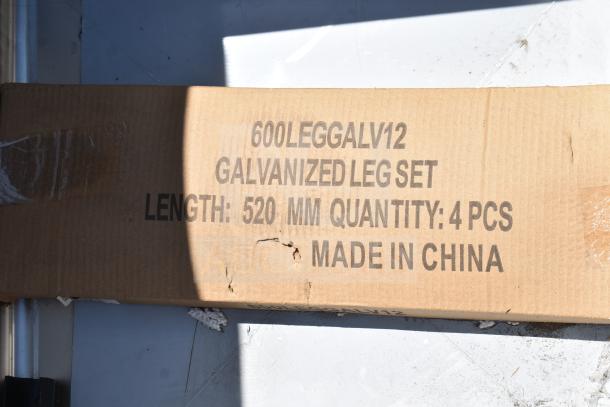 Cardboard box labeled "600LEGGALV12 Galvanized Leg Set, Length: 520 mm, Quantity: 4 pcs, Made in China" for Regency sink.