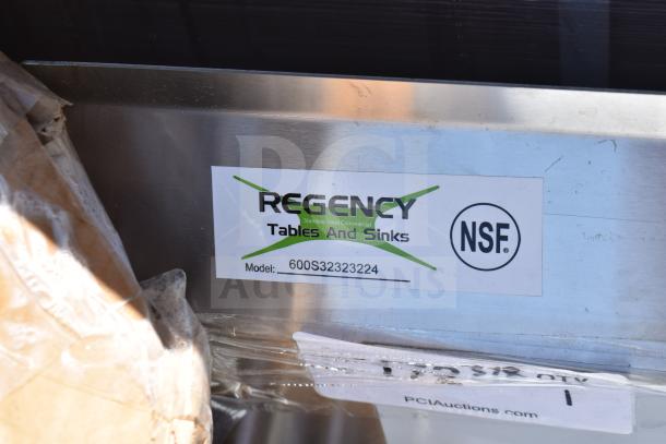 Regency 600S32323224, 121" three-compartment commercial sink, stainless steel, scratch and dent condition, NSF certified.