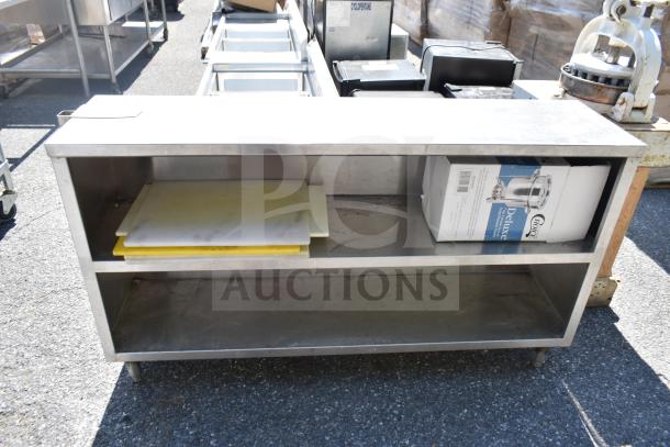 Commercial table with two under shelves, includes cutting boards and chafer, can opener mount, stainless steel.