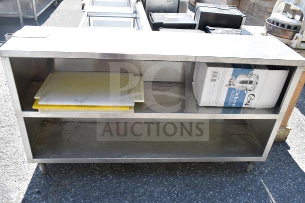 Commercial stainless steel table with 2 under shelves, includes cutting boards, chafer in box, and can opener mount.