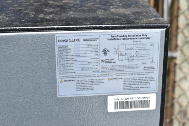 Frigidaire EFR463-6COM cooler label showing model details, capacity 4.5 Cu.Ft, voltage 115V, and other specifications.