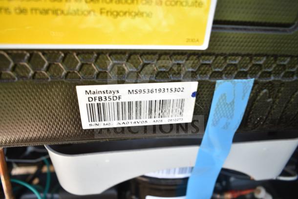 Label on a Mainstays model DFB35DF cooler indicating model number and serial number MS953619315302.