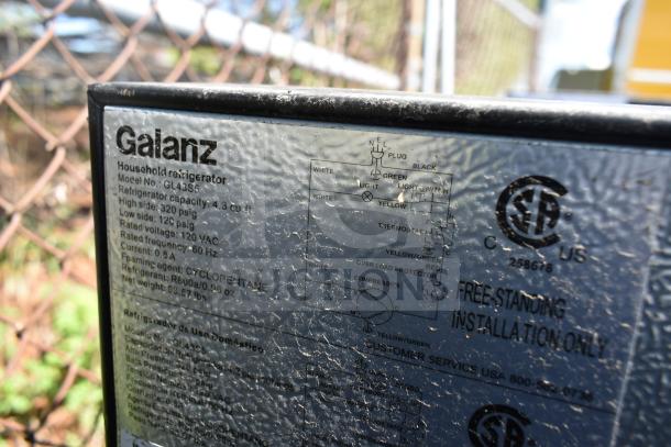 Alt text: Galanz GL43S5 refrigerator label shows specs: 4.3 cu ft capacity, 120VAC, 60 Hz, 0.9A.