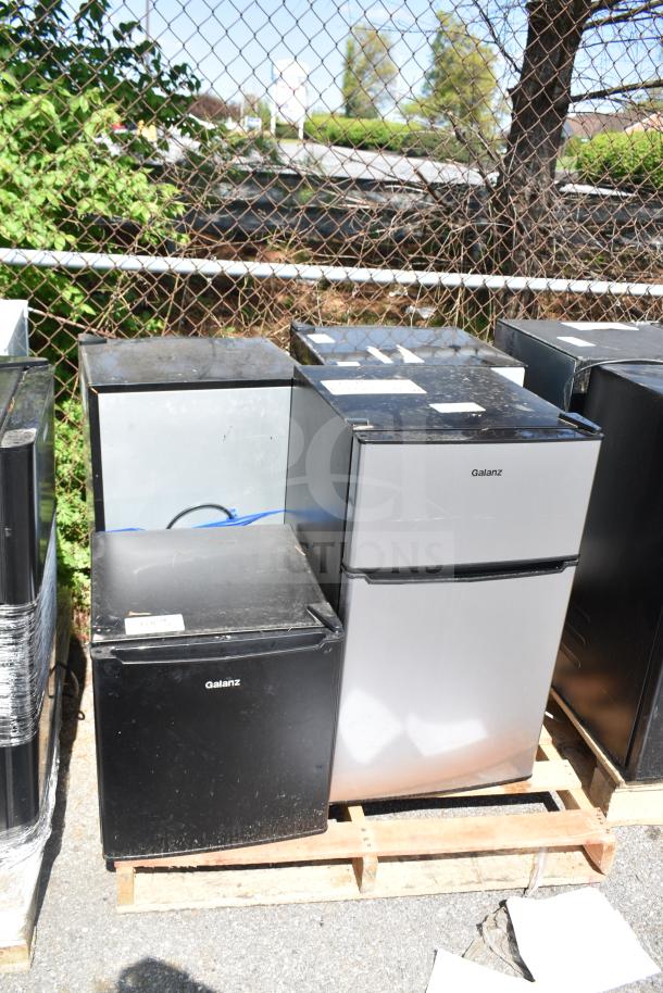 Four coolers, including Galanz GL17BK and GLR31TS1E02, 120V, 1 phase, various conditions, positioned on pallets.