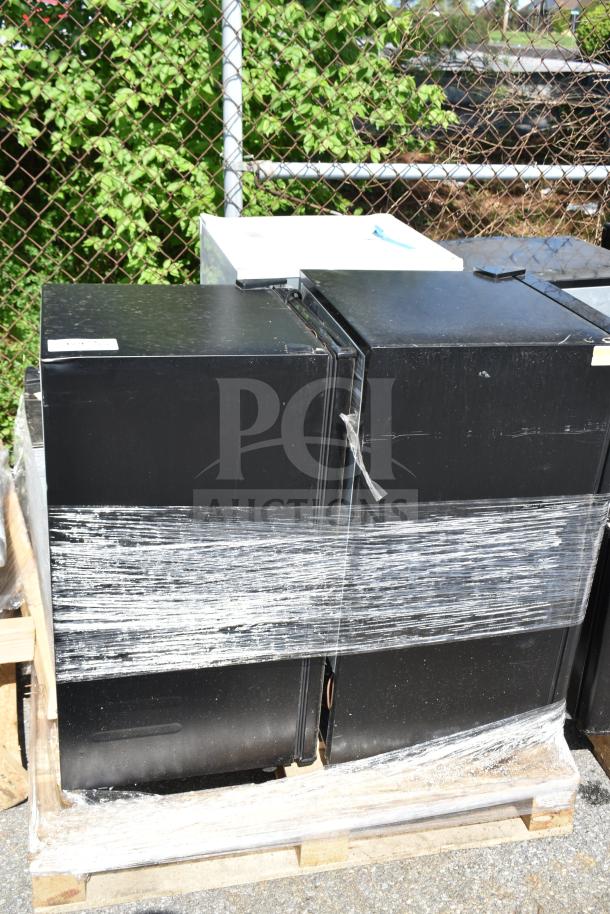 Four coolers including Galanz GLR33MBKE23, Black & Decker BCD33B, Kenmore KMR17MBKE, wrapped in plastic, 120V, 1 phase.