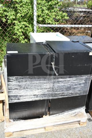 Four coolers including Galanz GLR33MBKE23, Black & Decker BCD33B, Kenmore KMR17MBKE, wrapped in plastic, 120V, 1 phase.