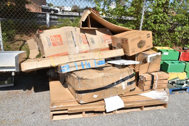 13 brand new scratch and dent items including sink and pan rack on pallets, in various unopened boxes.