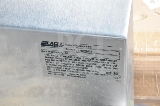 Eagle Group commercial 3 bay sink with dual drain boards, custom built model. Serial #2312230833, steel construction.