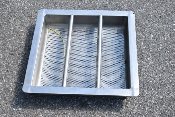 Aluminum drop-in sink strainer with perforated design and three divider bars, suitable for commercial kitchen use.