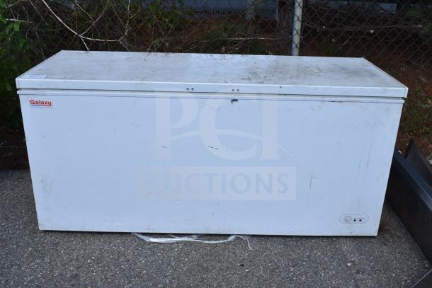 Galaxy 177CF20HC Chest Freezer, 115V, 1 Phase. White finish, visible wear. Galaxy logo on the front.