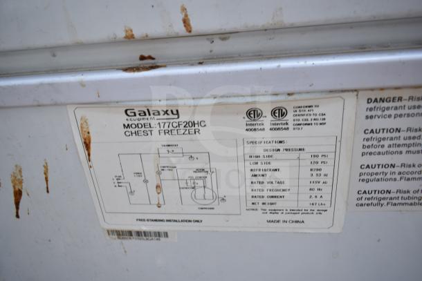 Galaxy 177CF20HC Chest Freezer label, 115V, 1 Phase, model specifications, and cautions shown. Rust patches visible.