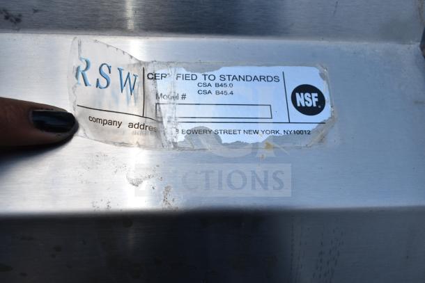 Commercial 2 bay sink label showing CSA B45.0 and B45.4 certification, NSF mark, and partial company address, indicating compliance.