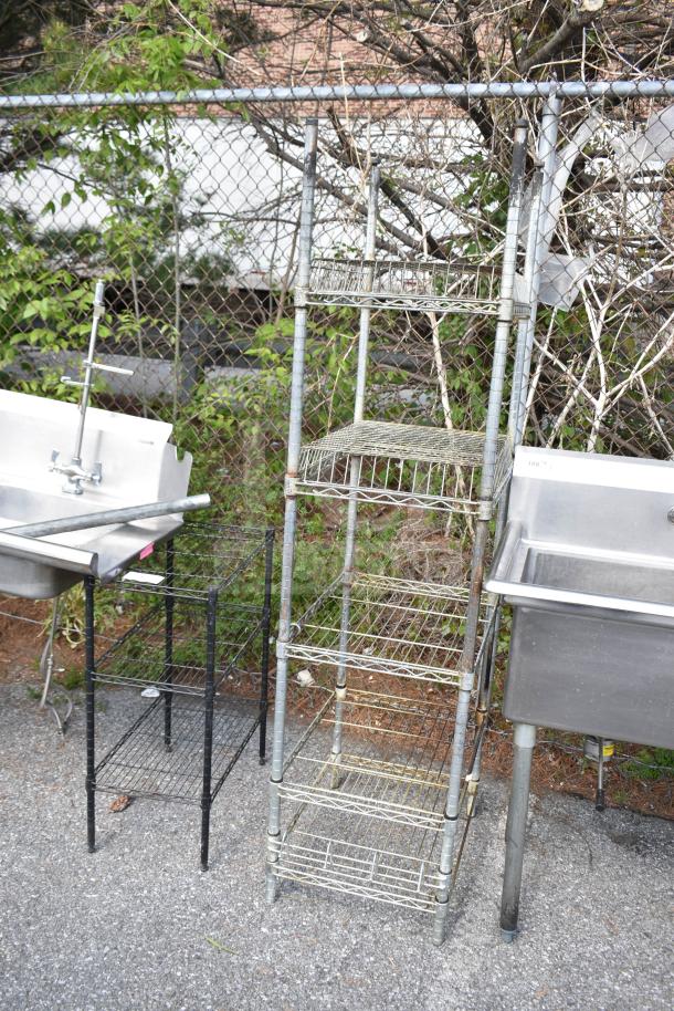 Metal shelving units, visible rust, five-tier open wire design. Buyer must dismantle, consider freight charges.